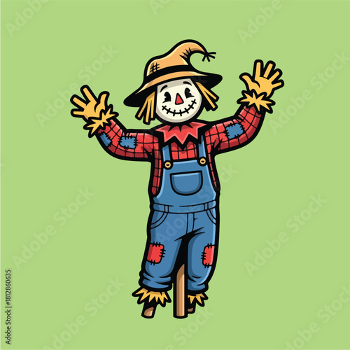 Friendly Scarecrow Cartoon Character Standing with Arms Up.