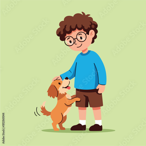 Happy boy petting his adorable dog with love and care.