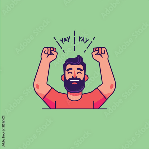 Happy Man Celebrating Success with Raised Fists and Joyful Expression.