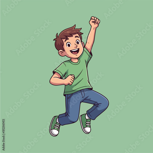 Happy young boy jumping with excitement and joy.