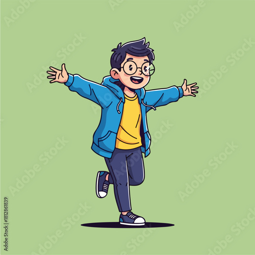 Happy Young Boy with Open Arms and Glasses.