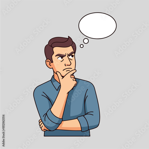 Man with a thoughtful expression and a blank thought bubble above his head contemplating a decision or idea.