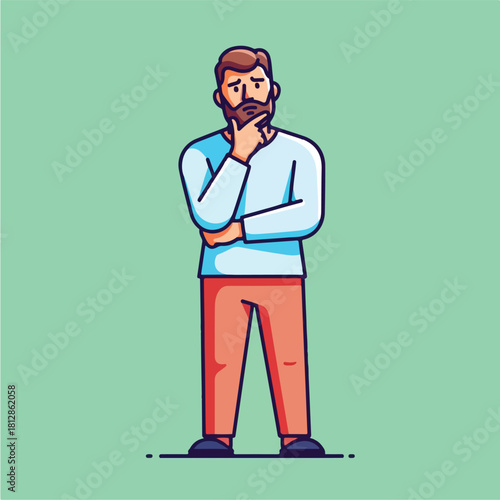 Man with beard thinking hand on chin contemplating a decision.