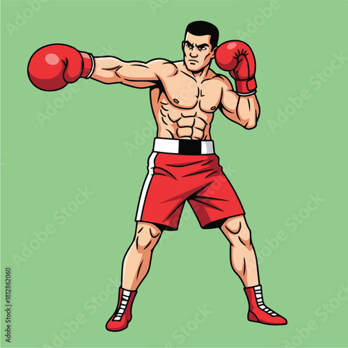 Muscular Boxer in Red Shorts and Gloves Ready to Fight.