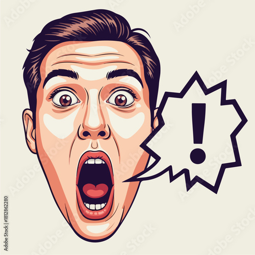 Mans Face with Shocked Expression and Exclamation Mark Speech Bubble.