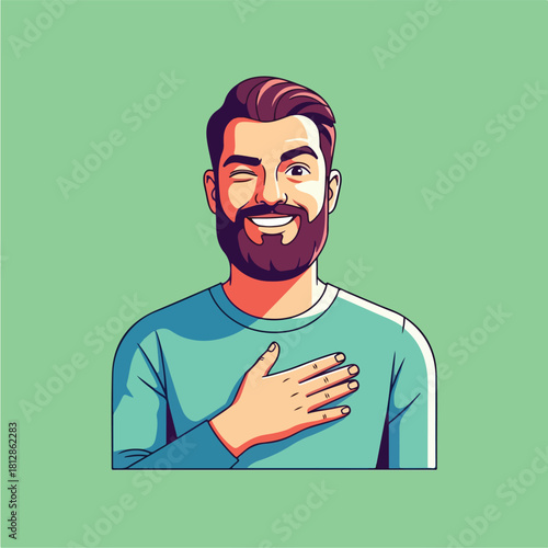 Smiling man with beard winking and hand on chest showing gratitude.