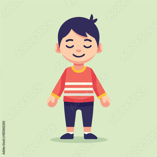 Smiling Young Boy Standing with Eyes Closed in a Peaceful Pose.