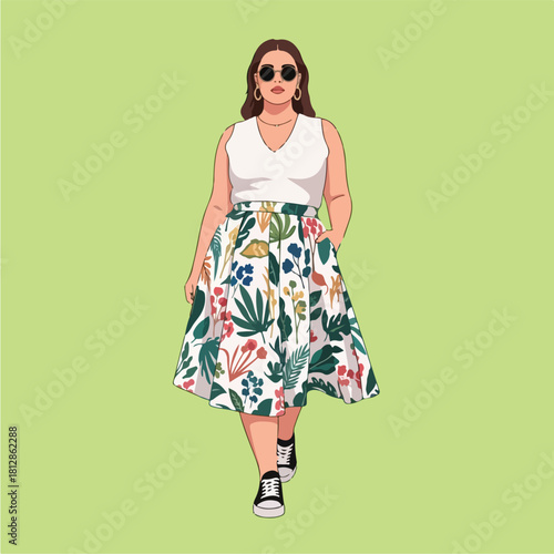 Plus size woman in floral skirt and white top walking confidently.