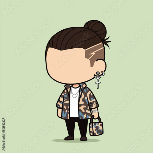 Stylish Man Bun Character with Unique Undercut Hairstyle.