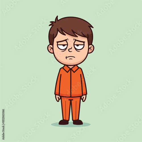 Tired young man in orange jumpsuit looking exhausted and sad.