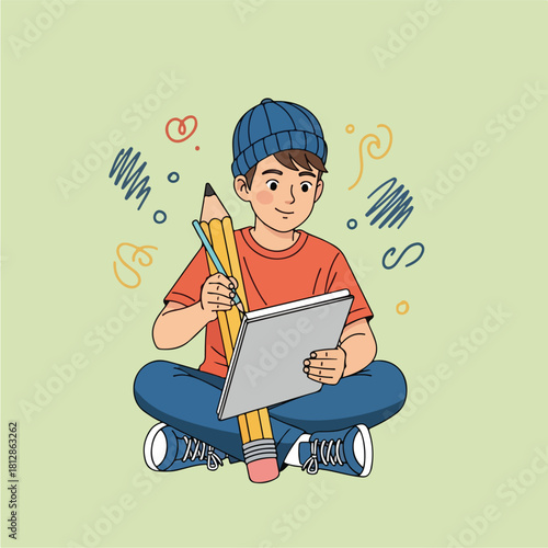 Young boy drawing with a large pencil and sketchbook surrounded by doodles.