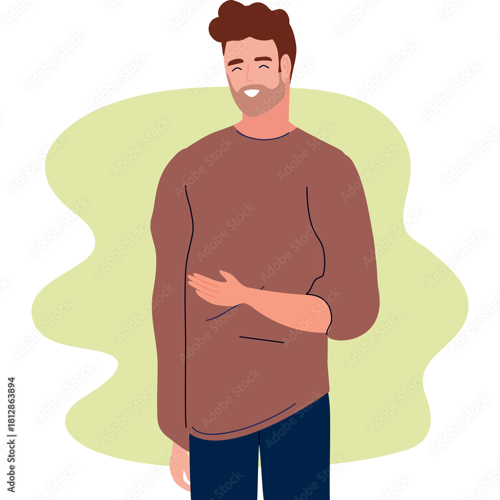 Fototapeta premium Smiling Man Wearing A Loose Brown Sweater And Dark Blue Jeans Standing Against A Light Green Wavy Background With A Transparent Overlay