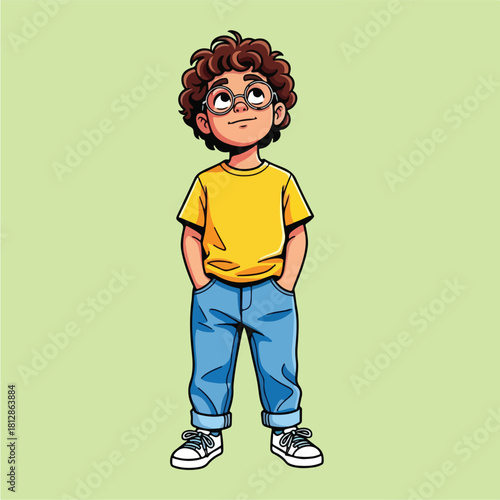 Young boy with curly hair and glasses standing confidently.