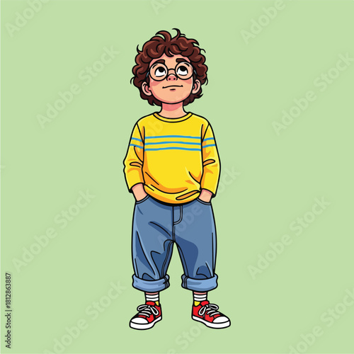 Young boy with curly hair and glasses looking up.