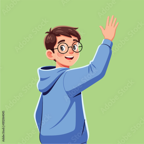 Young boy with glasses waving hello friendly gesture.