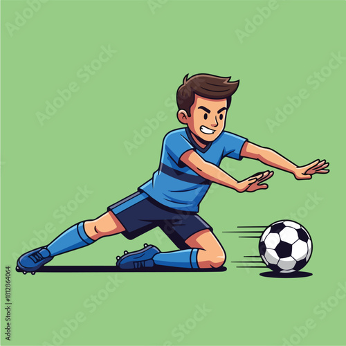 Young male soccer player in blue uniform sliding to intercept a football on a green background.