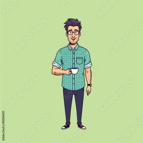 Young man in glasses holding a cup standing against a light green background.