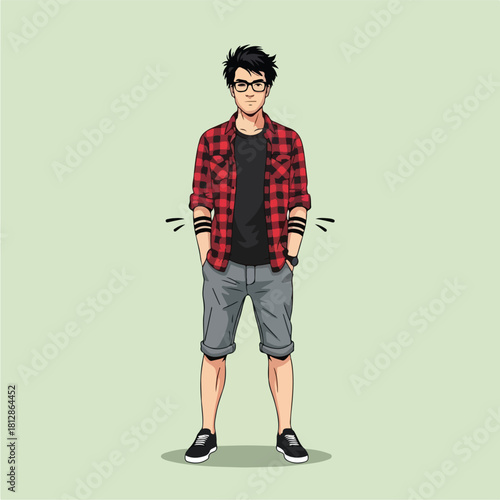 Young man in plaid shirt and shorts standing with hands in pockets.