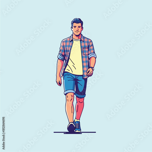 Young man walking in casual summer attire confident and stylish.
