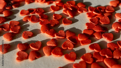 Scattered red heart-shaped sprinkles casting shadows on a textured surface