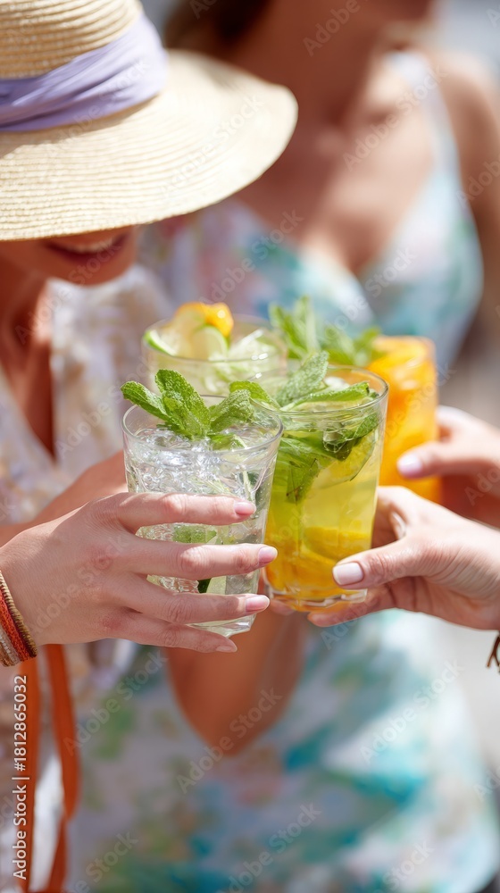 Fototapeta premium Women holding refreshing summer cocktails, toasting with drinks garnished with fresh mint and citrus.