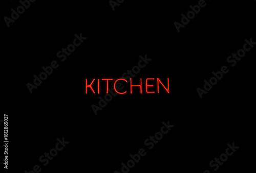 Red neon sign spelling the word KITCHEN glows brightly against a dark background