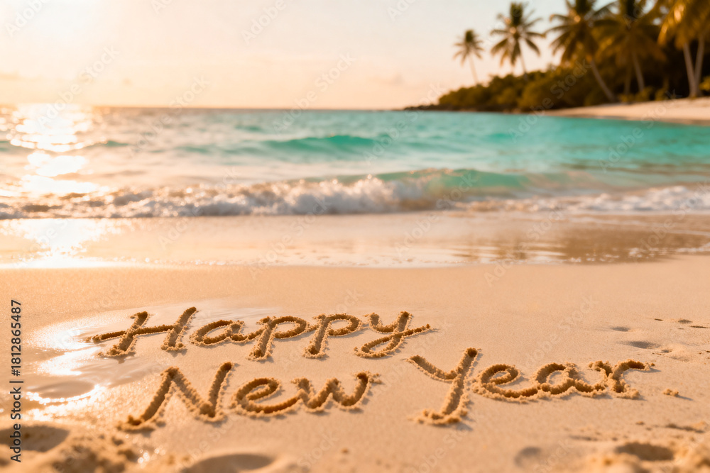 Fototapeta premium Happy New Year written down on a tropical beach.