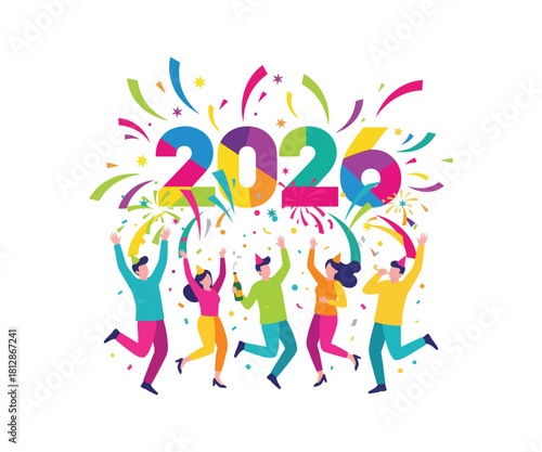 Ring in 2026 with joy and vibrant celebration! Friends partying together with confetti, hats and champagne for a happy new year, full of promise and cheer