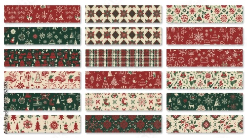 Set of twenty-one seamless Christmas and winter holiday patterned borders and ribbons.