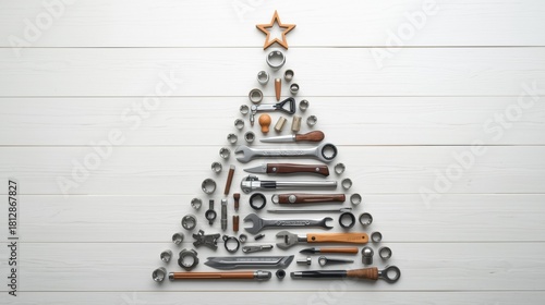 Christmas tree shape created from various wrenches and metal tools on white wood.