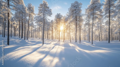 A Serene Winter Wonderland Sunlight Filtering Through Snow-Covered Trees in Frosted Woods
