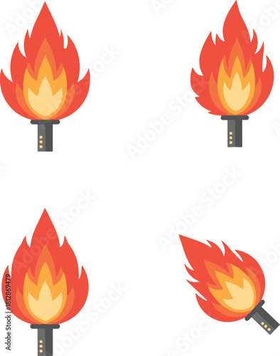 The image displays four isolated illustrations of a lit torch, featuring brightly colored flames in red and orange hues on a small, dark gray handle.