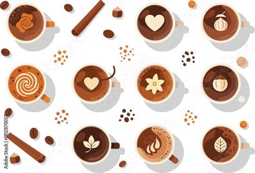 Coffee Art Flat Lay of Coffee Cups with Creative Designs