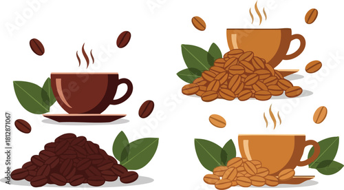 Aromatic Bliss Coffee Beans and Steaming Cups in Vector Art