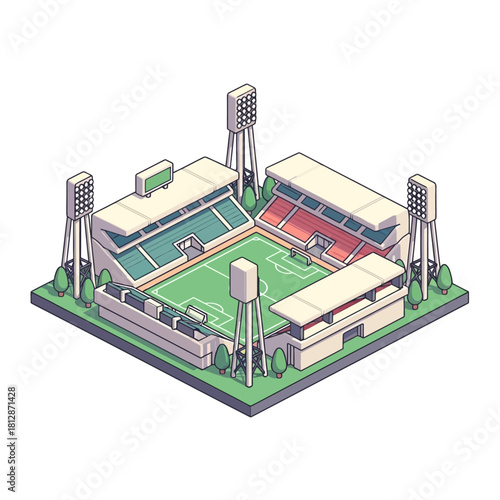 Isometric sports stadium illustration. Vivid green football and soccer pitch, grandstands, and floodlights await thrilling matches. Perfect for event designs