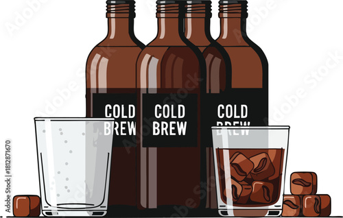 Iced Coffee Delight Cold Brew Bottles with Ice Cubes Ready to Serve