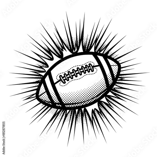 Monochrome sketch of a football with a classic comic book style explosion, isolated on a white background