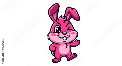A cute pink cartoon rabbit character winking and waving cheerfully on a white background.