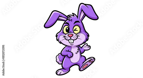 A cheerful purple cartoon rabbit winking and waving happily on a white background.
