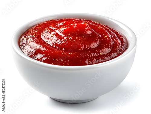 Wallpaper Mural A white ceramic bowl is filled with shiny, bright red tomato ketchup with small bubbles, sitting on a clean, white surface in a studio shot. Torontodigital.ca