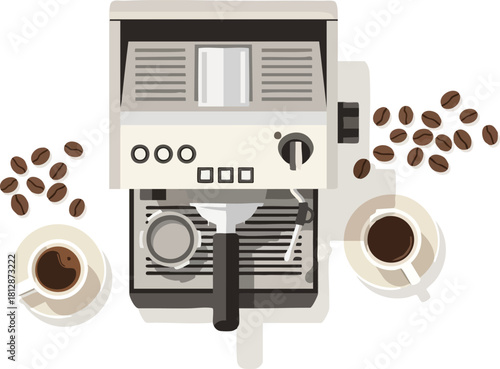 Coffee Machine, Beans, and Two Cups of Fresh Brewed Coffee