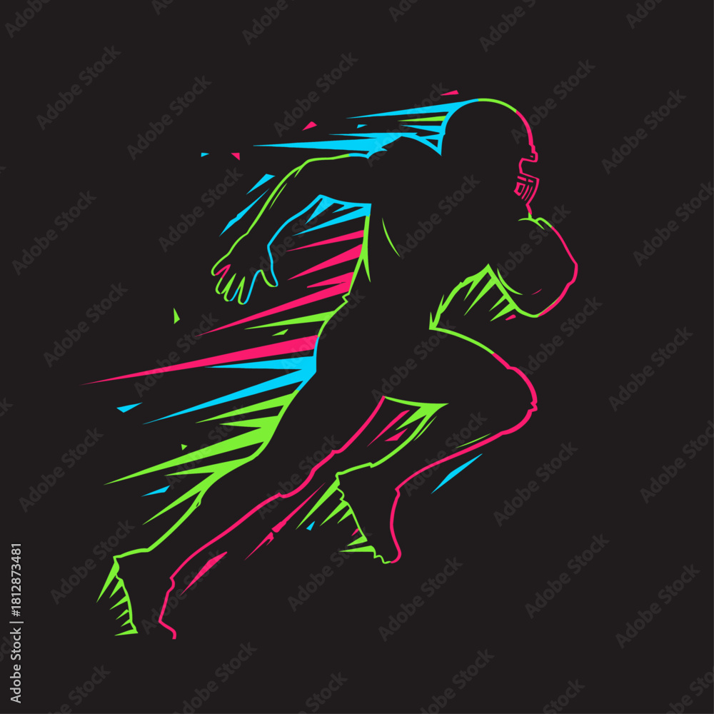 Fototapeta premium Dynamic silhouette of a running American football player illustrated with energetic neon light streaks creating a sense of powerful motion