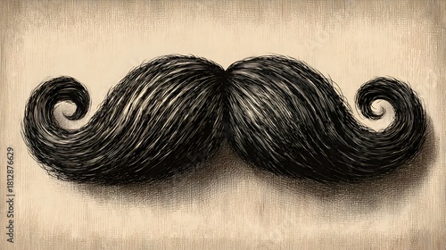 Intricate charcoal drawing showcases a classic handlebar mustache with its detailed swirls and rich texture against a neutral background artfully.