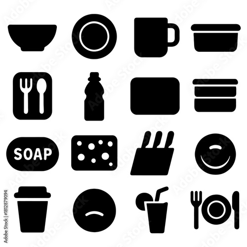 Kitchenware and Dining Essentials Icon Set: A collection of kitchen and dining icons, each a minimalist silhouette, from plates and cups to utensils and containers.