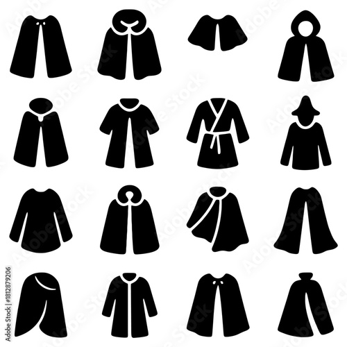 Cloak Variations Silhouette: A collection of various cloak styles and designs, depicted in striking silhouette, showcasing a range of cuts, details, and forms