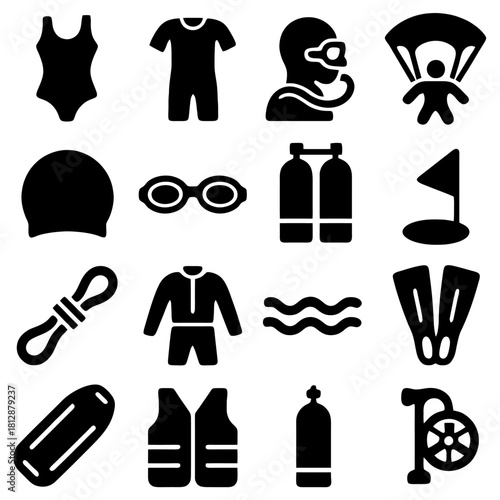 Dive into Adventure: A collection of meticulously crafted, elegant monochrome icons showcases the essential elements of aquatic and aerial pursuits.