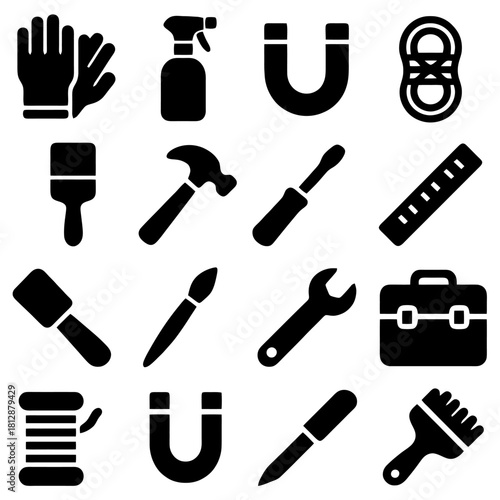 Tools Icons Array: A comprehensive collection of iconic tools, meticulously arranged. Perfect for visual representations in various fields. 