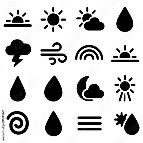 Weather Icons: A collection of black and white weather icons. A symbol of the various weather conditions. Including sun, cloud, rain, wind, and rainbow.