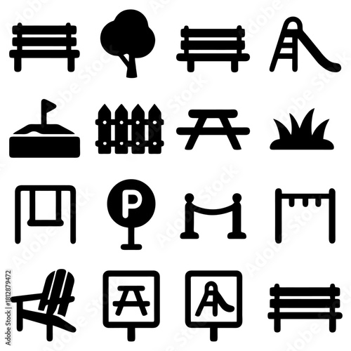 Park Icons: A collection of distinct icons, representing essential park elements. Simple outlines, depicting various park features in a straightforward style.
