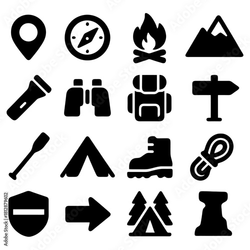 Adventure Essentials Icons: A collection of meticulously crafted icons showcasing the fundamental elements of outdoor adventure, from navigation tools and camping gear to symbols of exploration.